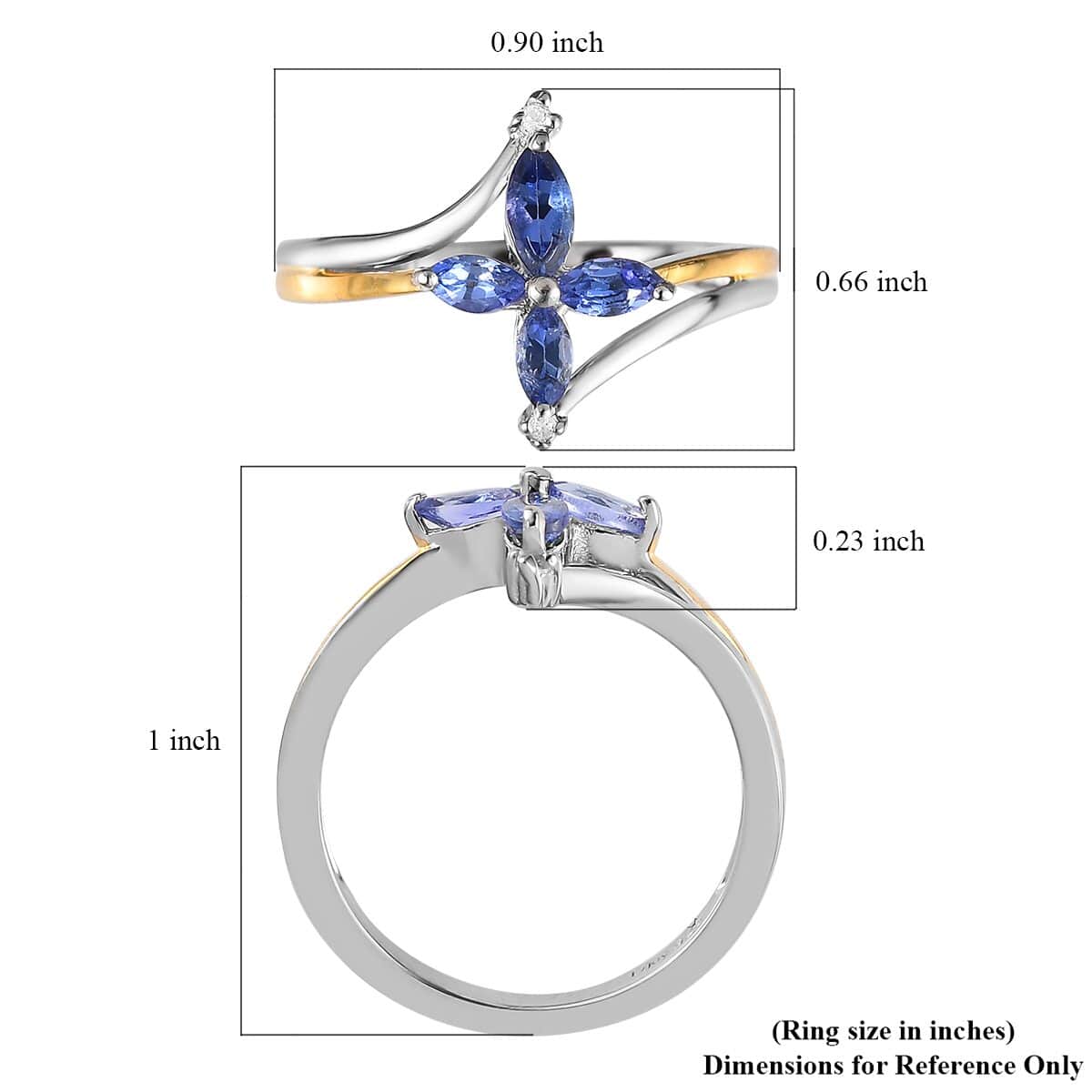 AAA Tanzanite and White Zircon Floral Ring in Vermeil Yellow Gold and Platinum Over Sterling Silver (Size 5.0) 0.40 ctw image number 5