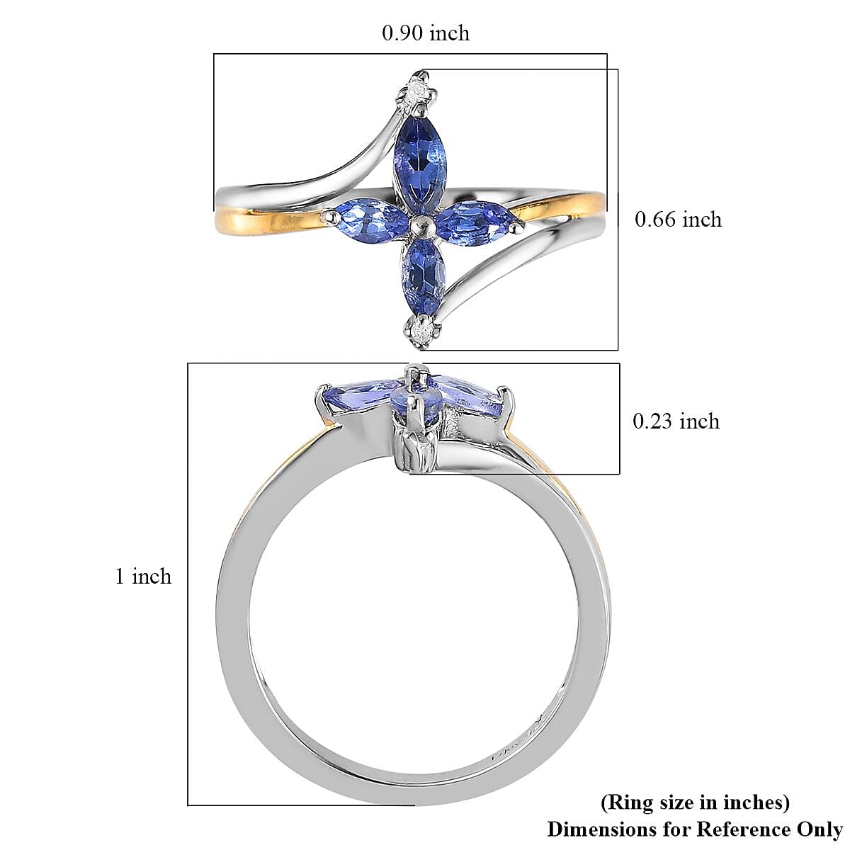 AAA Tanzanite and White Zircon Floral Ring in Vermeil Yellow Gold and Platinum Over Sterling Silver (Size 7.0) 0.40 ctw image number 5