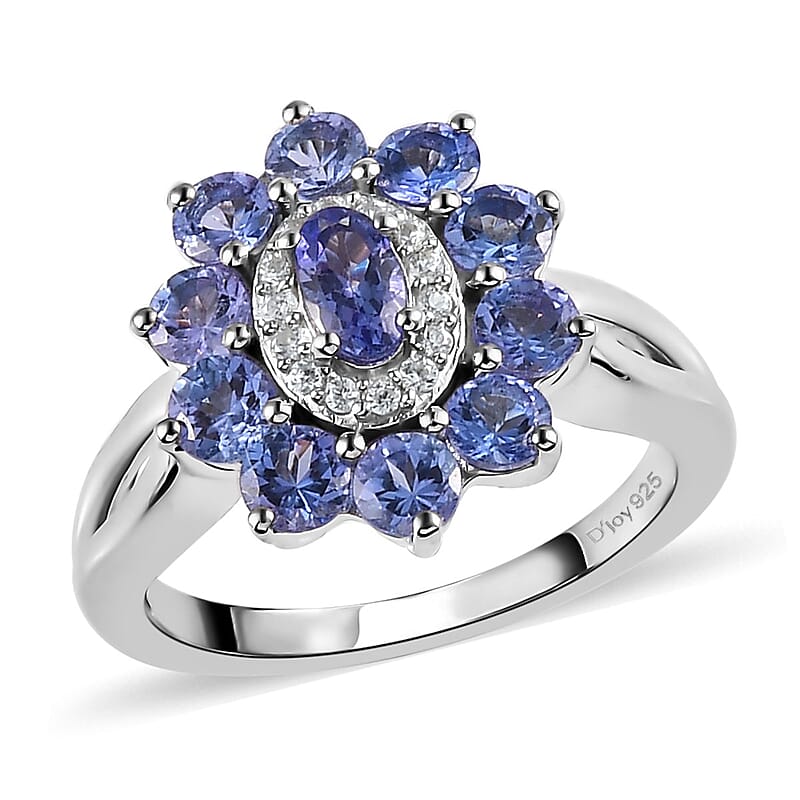 AAA Tanzanite and Natural White Zircon Floral Ring in Platinum Over Sterling Silver (Size 10.0) 1.50 ctw