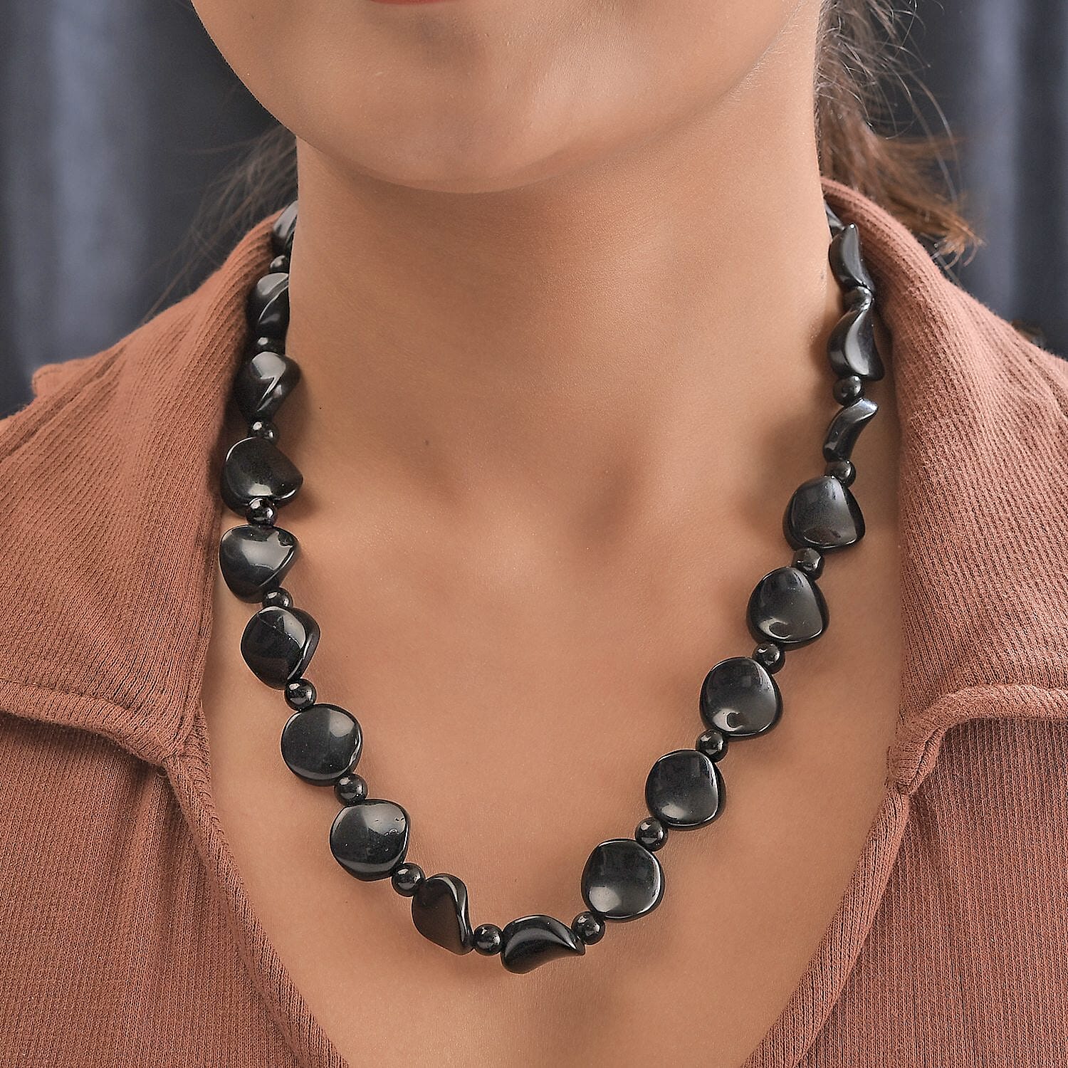 Black Agate Necklace (20 Inches) in Stainless Steel 287.05 ctw , Tarnish-Free, Waterproof, Sweat Proof Jewelry