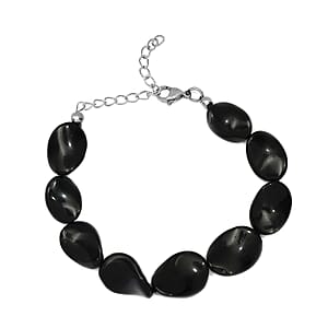 Black Agate Bracelet in Stainless Steel (Adjustable) 90.00 ctw , Tarnish-Free, Waterproof, Sweat Proof Jewelry