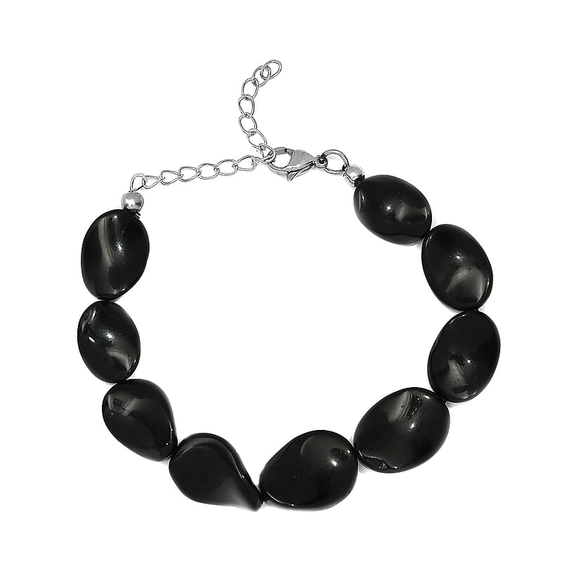Black Agate Bracelet in Stainless Steel (Adjustable) 90.00 ctw , Tarnish-Free, Waterproof, Sweat Proof Jewelry