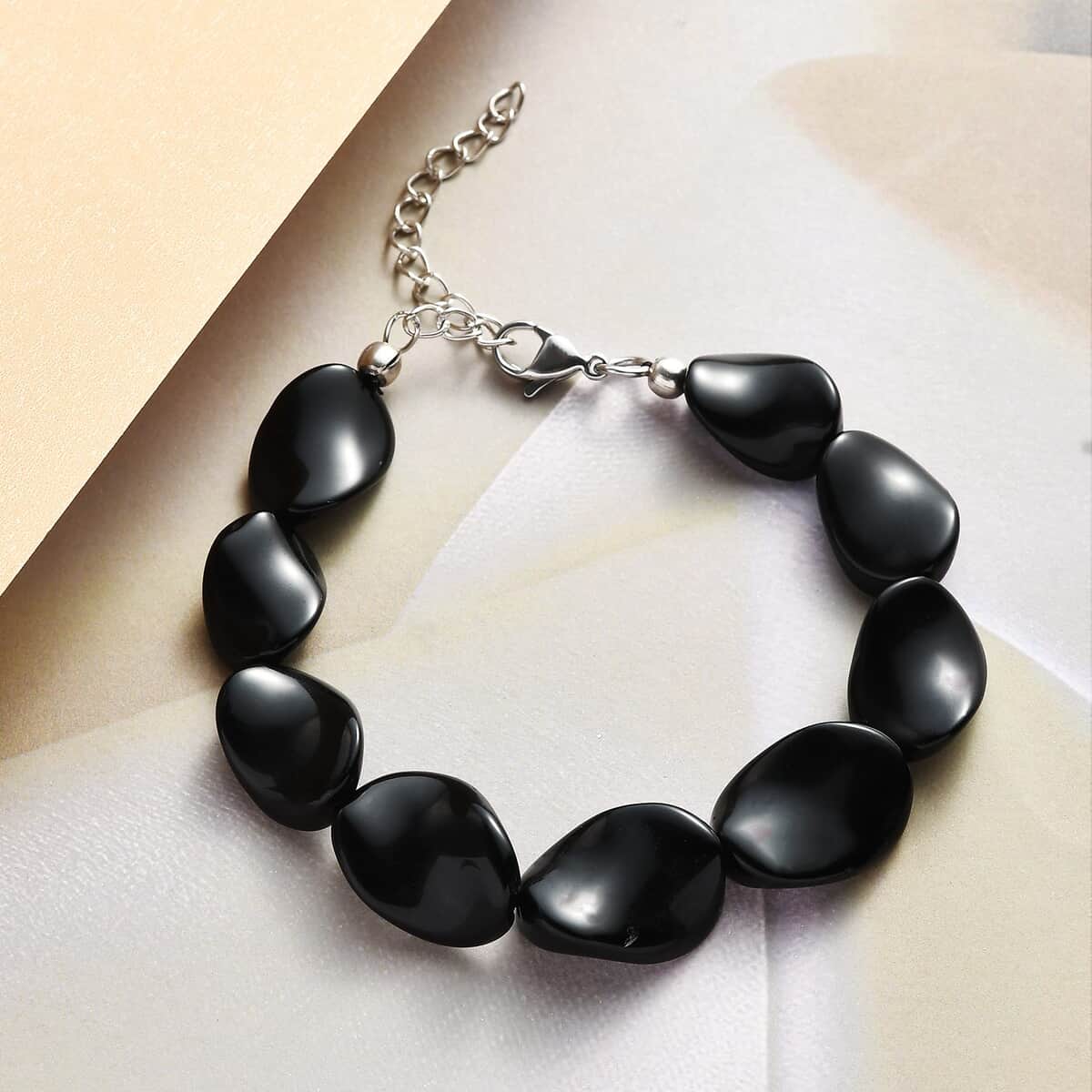 Black Agate Bracelet in Stainless Steel (Adjustable) 90.00 ctw , Tarnish-Free, Waterproof, Sweat Proof Jewelry image number 1