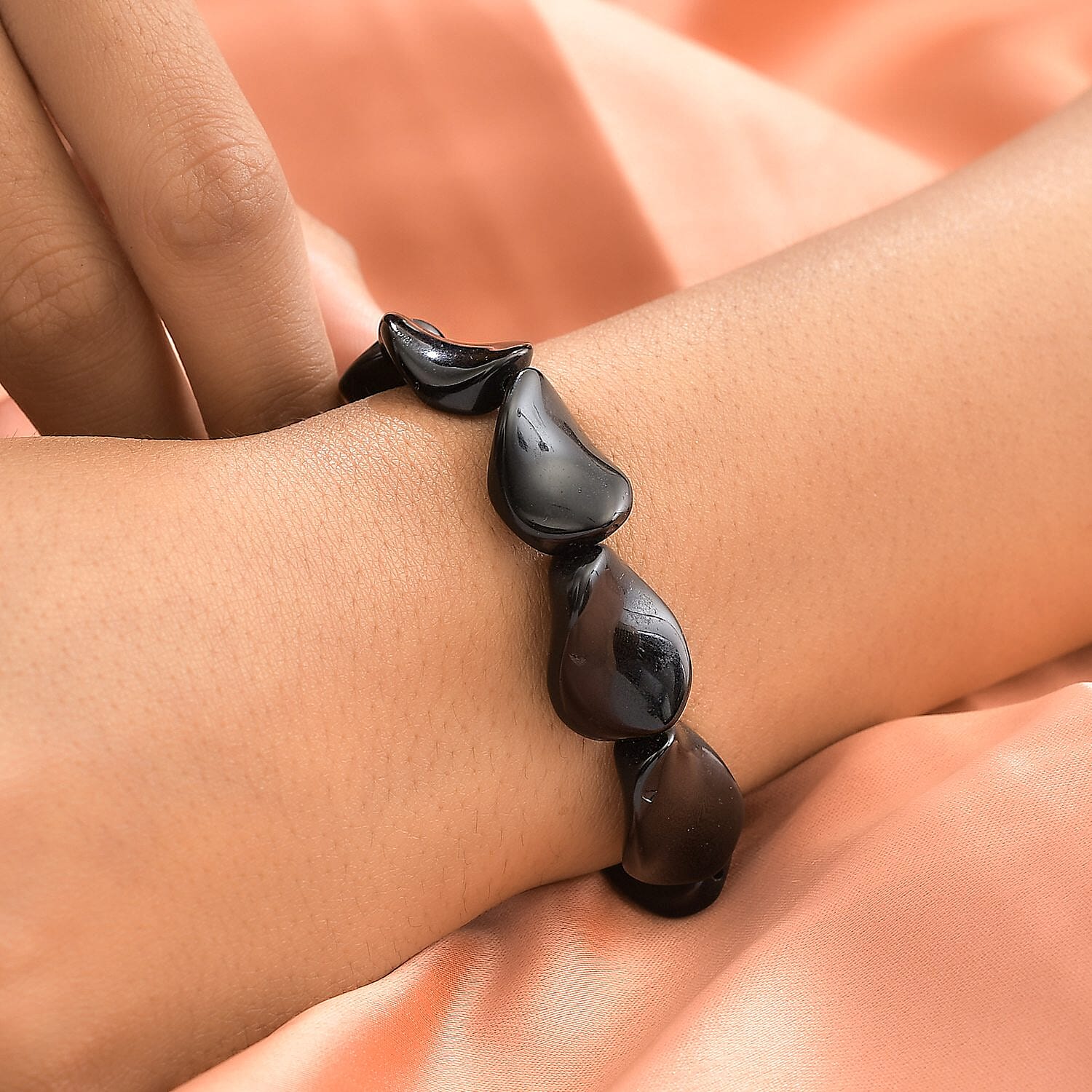 Black Agate Bracelet in Stainless Steel (Adjustable) 90.00 ctw , Tarnish-Free, Waterproof, Sweat Proof Jewelry