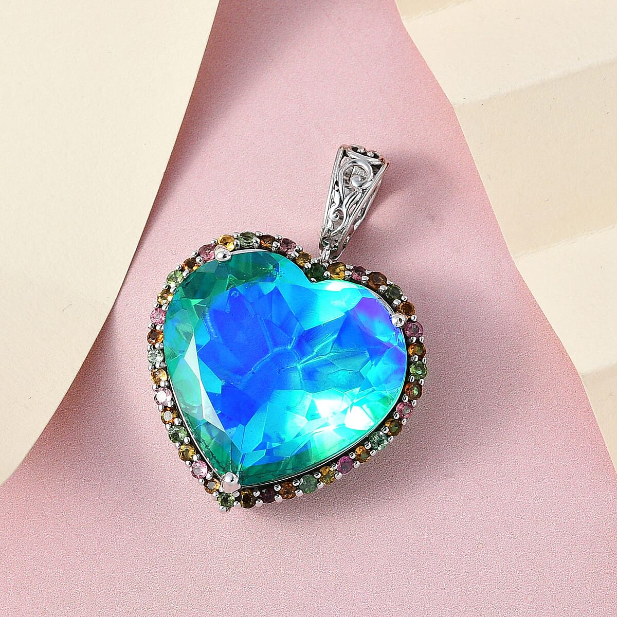 Peacock Quartz (Triplet) and Multi-Tourmaline Necklace 18 Inches in Platinum Over Sterling Silver 71.60 ctw image number 1