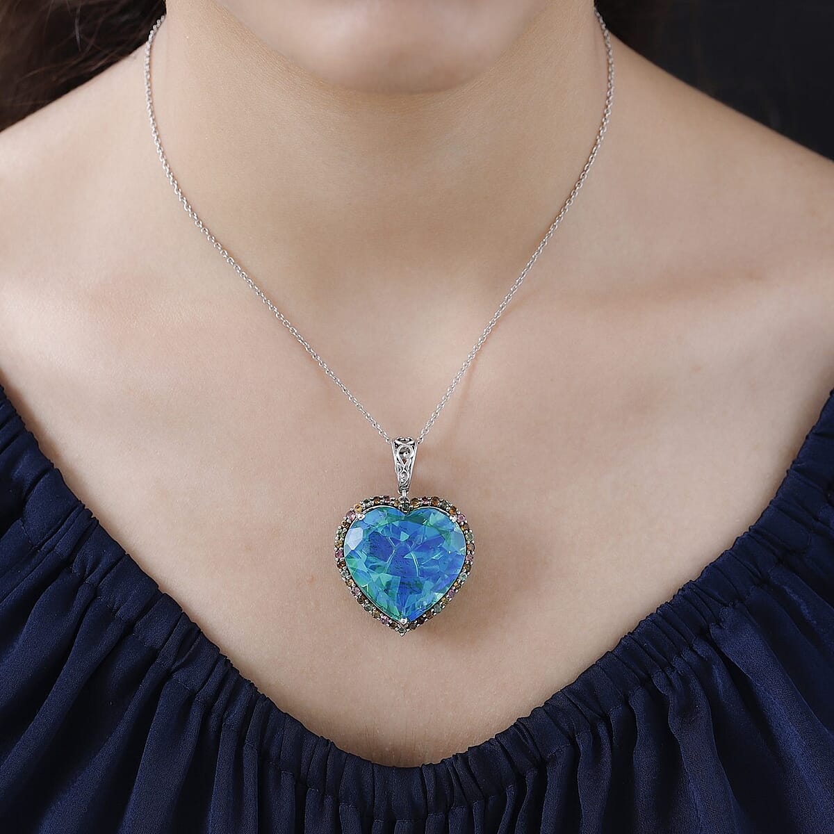 Peacock Quartz (Triplet) and Multi-Tourmaline Necklace 18 Inches in Platinum Over Sterling Silver 71.60 ctw image number 2