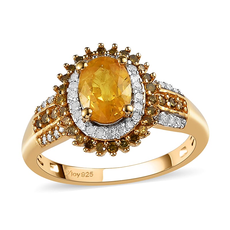 Madagascar Yellow Sapphire, Yellow and White Diamond Double Halo Ring in Vermeil Yellow Gold Over Sterling Silver (Size 10.0) 1.40 ctw