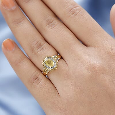 Madagascar Yellow Sapphire, Yellow and White Diamond Double Halo Ring in Vermeil Yellow Gold Over Sterling Silver (Size 10.0) 1.40 ctw
