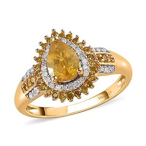 Madagascar Yellow Sapphire, Yellow and White Diamond Double Halo Ring in Vermeil Yellow Gold Over Sterling Silver (Size 7.0) 1.25 ctw