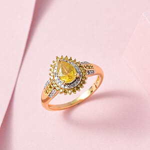 Madagascar Yellow Sapphire, Yellow and White Diamond Double Halo Ring in Vermeil Yellow Gold Over Sterling Silver (Size 7.0) 1.25 ctw