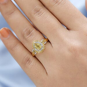 Madagascar Yellow Sapphire, Yellow and White Diamond Double Halo Ring in Vermeil Yellow Gold Over Sterling Silver (Size 7.0) 1.25 ctw