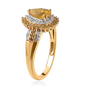 Madagascar Yellow Sapphire, Yellow and White Diamond Double Halo Ring in Vermeil Yellow Gold Over Sterling Silver (Size 7.0) 1.25 ctw