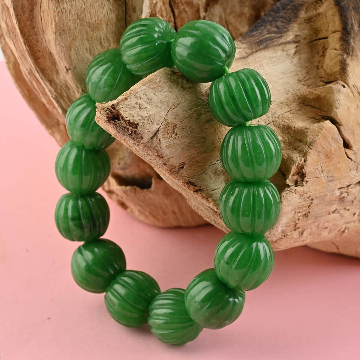 Green Jade (D) Carved Beaded Stretch Bracelet 470.00 ctw image number 1
