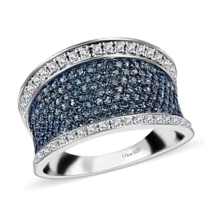 Blue and White Diamond 1.00 ctw Ring,  Diamond Cluster Ring, Rhodium & Platinum Over Sterling Silver Ring, Diamond Promise Ring (Size 10.0)
