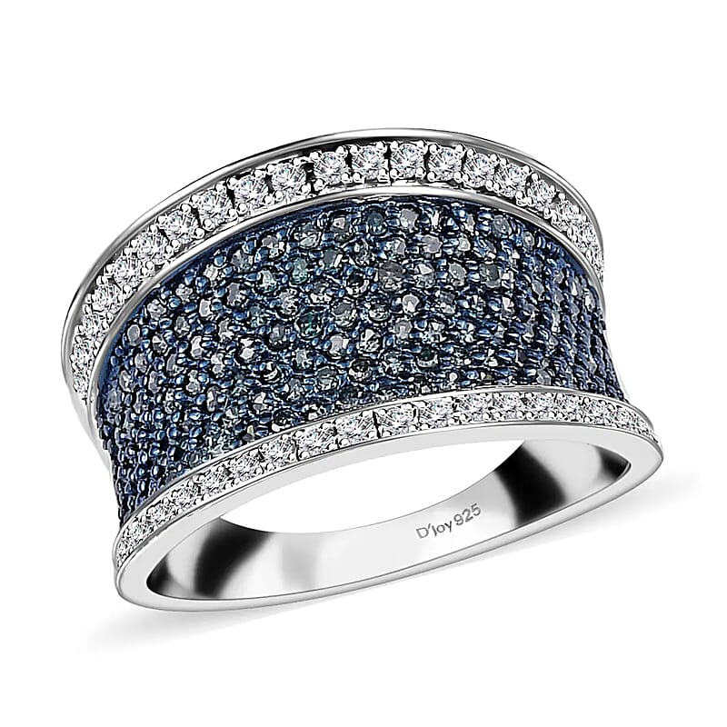 Blue and White Diamond 1.00 ctw Ring,  Diamond Cluster Ring, Rhodium & Platinum Over Sterling Silver Ring, Diamond Promise Ring (Size 10.0)