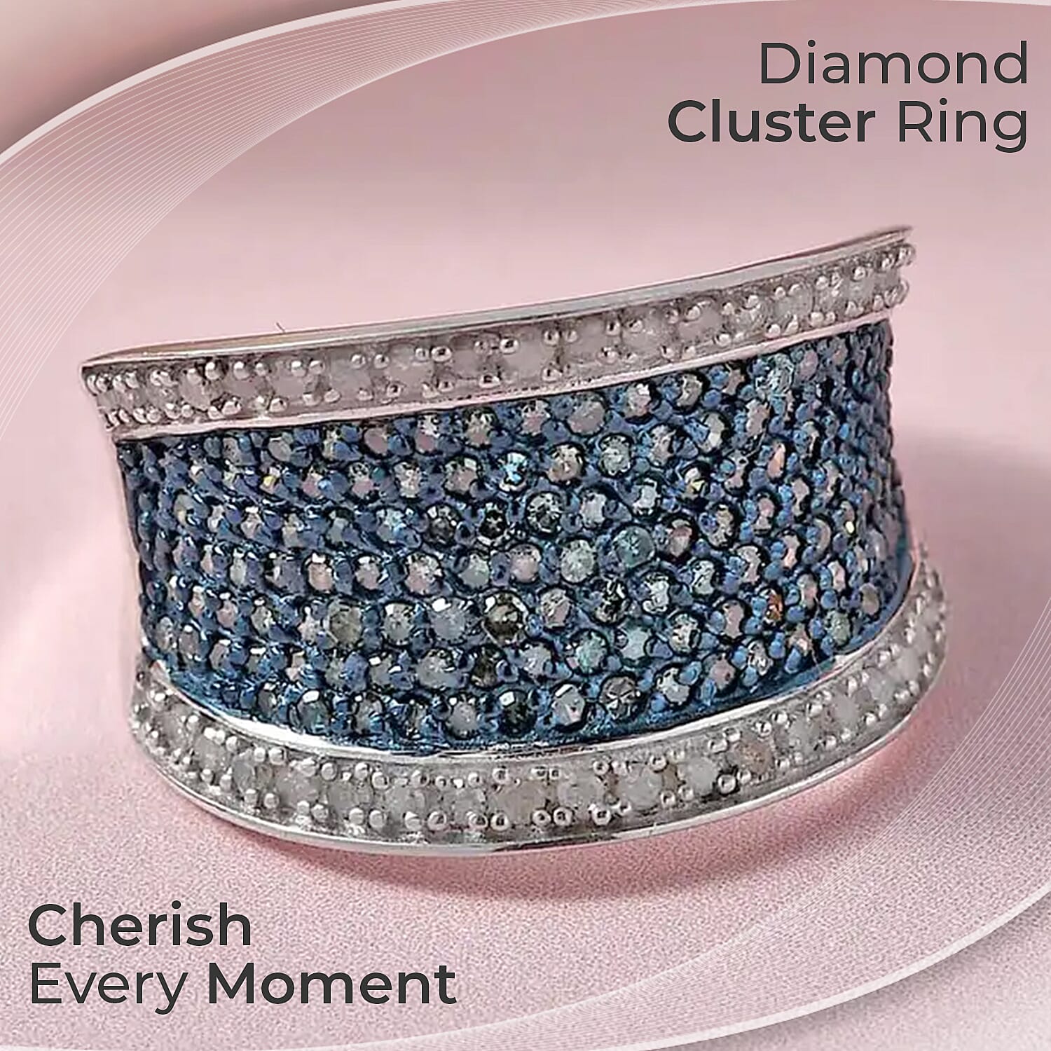 Blue and White Diamond 1.00 ctw Ring,  Diamond Cluster Ring, Rhodium & Platinum Over Sterling Silver Ring, Diamond Promise Ring (Size 10.0)