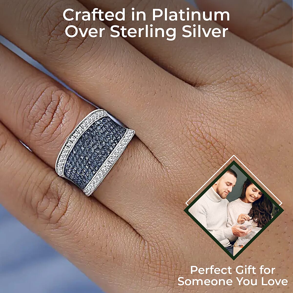 Blue and White Diamond 1.00 ctw Ring,  Diamond Cluster Ring, Rhodium & Platinum Over Sterling Silver Ring, Diamond Promise Ring (Size 9.0) image number 2