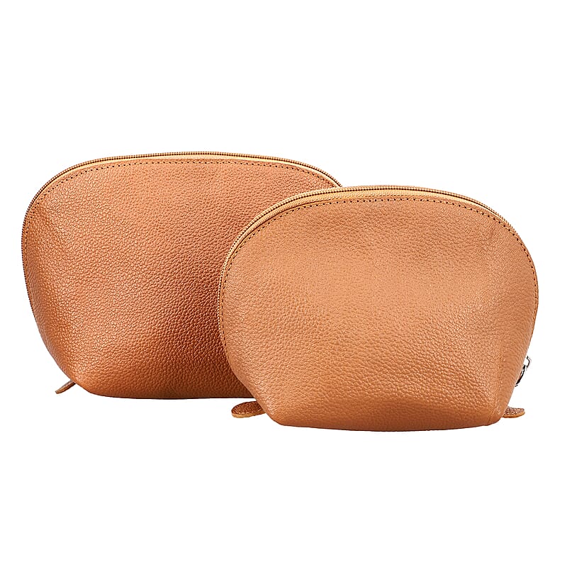 Set of 2 Tan Genuine Leather Nesting Pouch