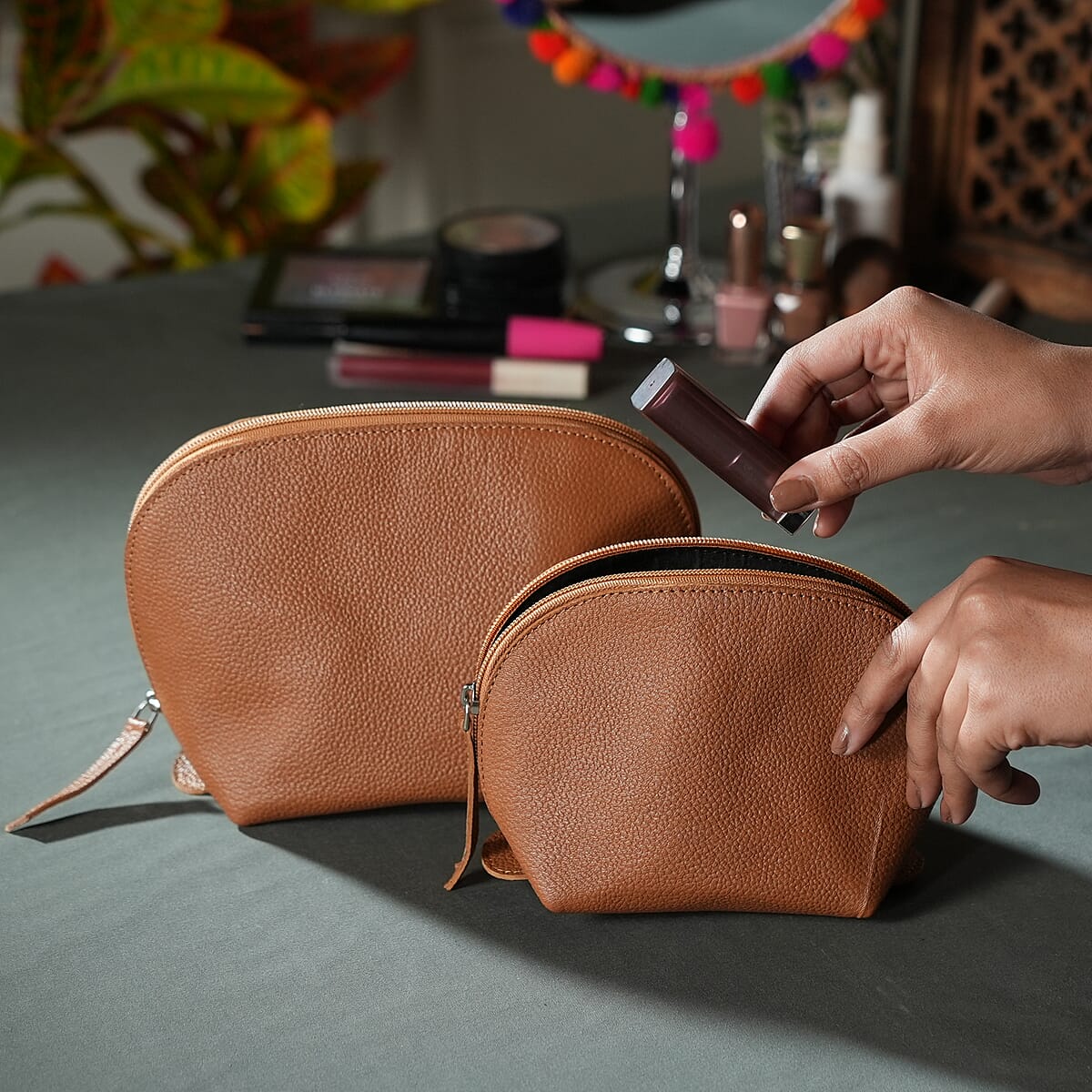 Set of 2 Tan Genuine Leather Nesting Pouch image number 1