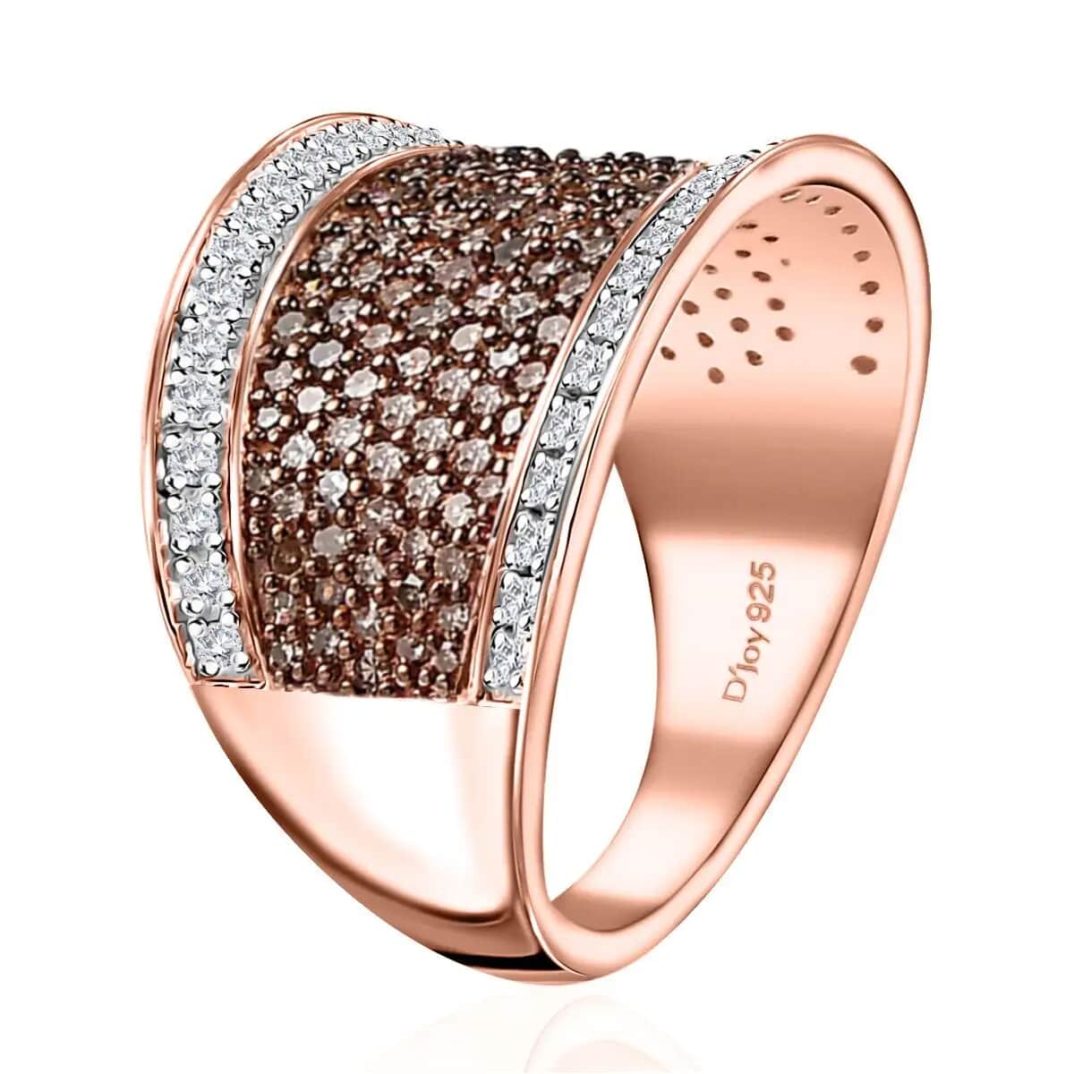 Natural Champagne Diamond Ring,  Diamond Cluster Ring, Rhodium and Vermeil Rose Gold Over Sterling Silver Ring, Diamond Promise Ring 1.00 ctw (Size 5.0) image number 4