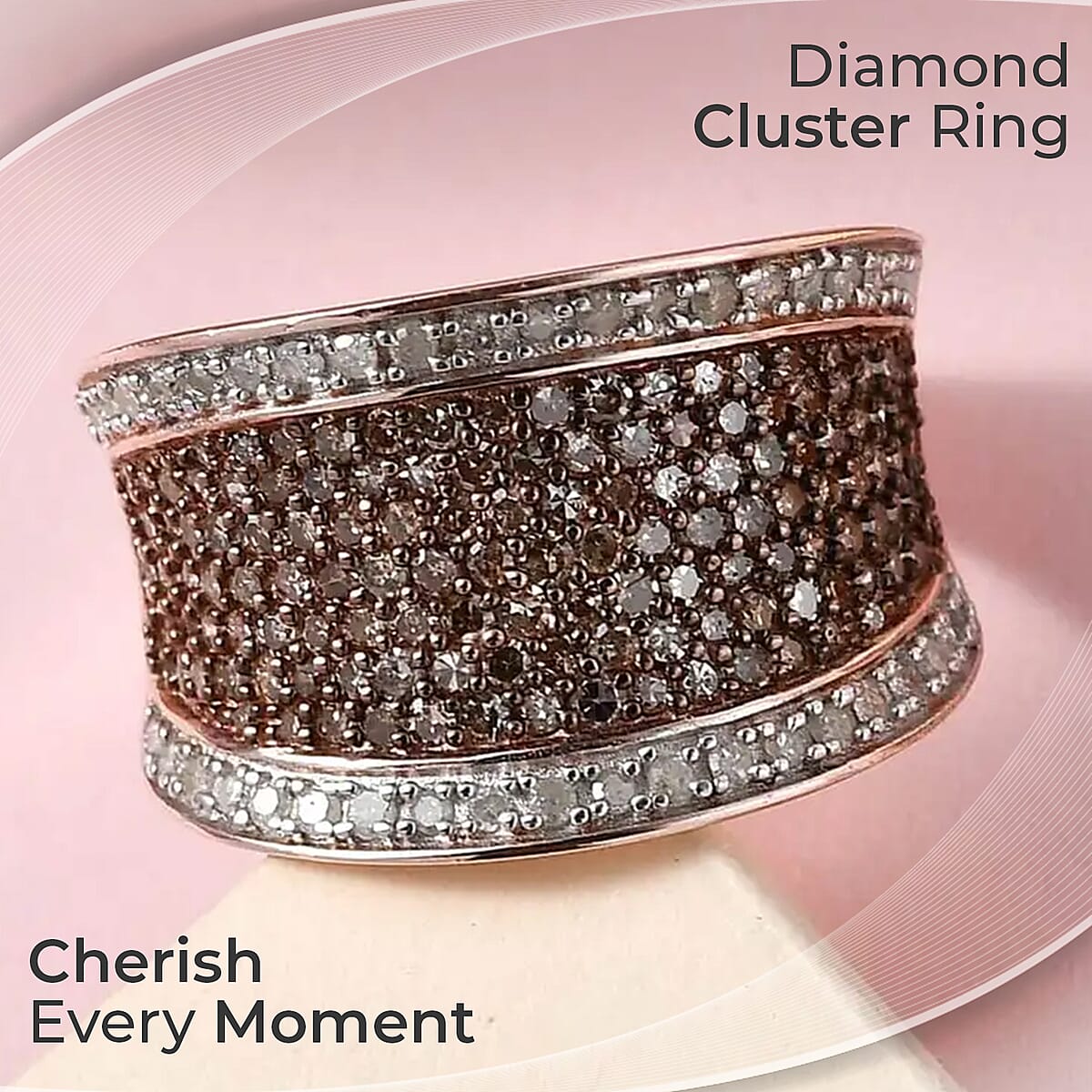 Natural Champagne Diamond 1.00 ctw Ring,  Diamond Cluster Ring, Rhodium & Vermeil Rose Gold Over Sterling Silver Ring, Diamond Promise Ring (Size 7.0) image number 1