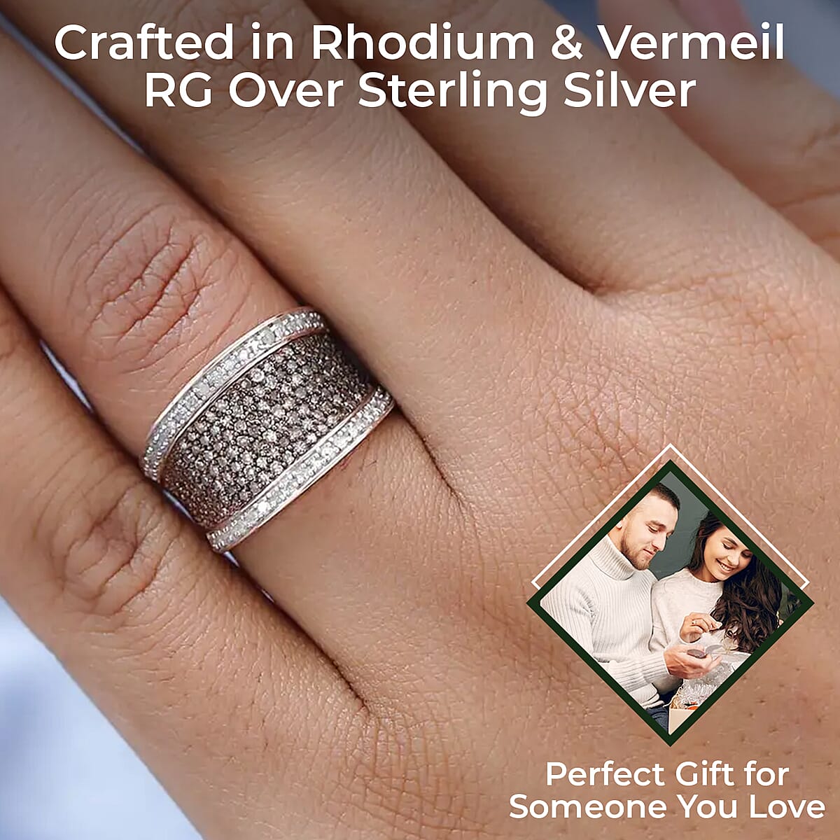 Natural Champagne Diamond 1.00 ctw Ring,  Diamond Cluster Ring, Rhodium & Vermeil Rose Gold Over Sterling Silver Ring, Diamond Promise Ring (Size 7.0) image number 2