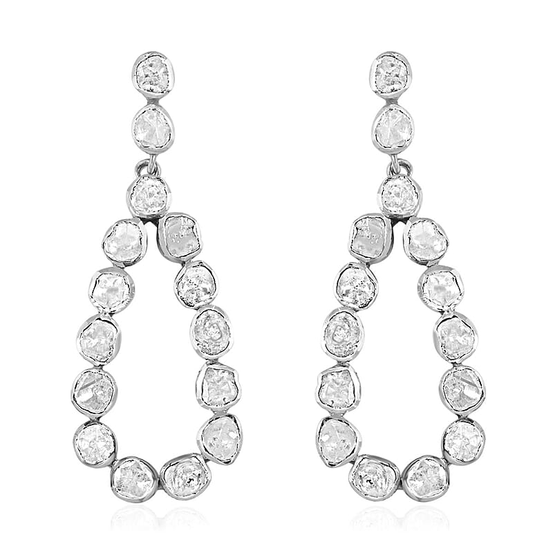 Polki Diamond Drop Earrings in Platinum Over Sterling Silver 2.00 ctw