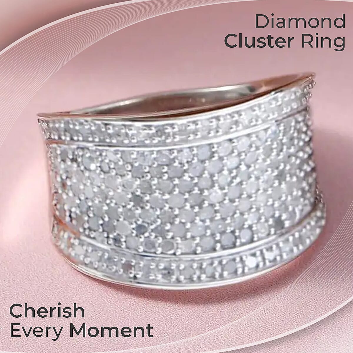 Diamond 1.00 ctw Ring,  Diamond Cluster Ring, Platinum Over Sterling Silver Ring, Diamond Promise Ring (Size 7.0) image number 1