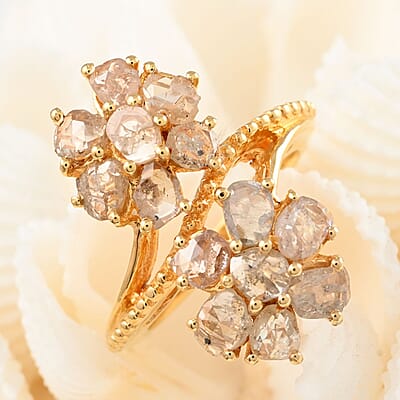 Rose Cut Natural Champagne Diamond Bypass Floral Ring in Vermeil Yellow Gold Over Sterling Silver (Size 10.0) 2.50 ctw