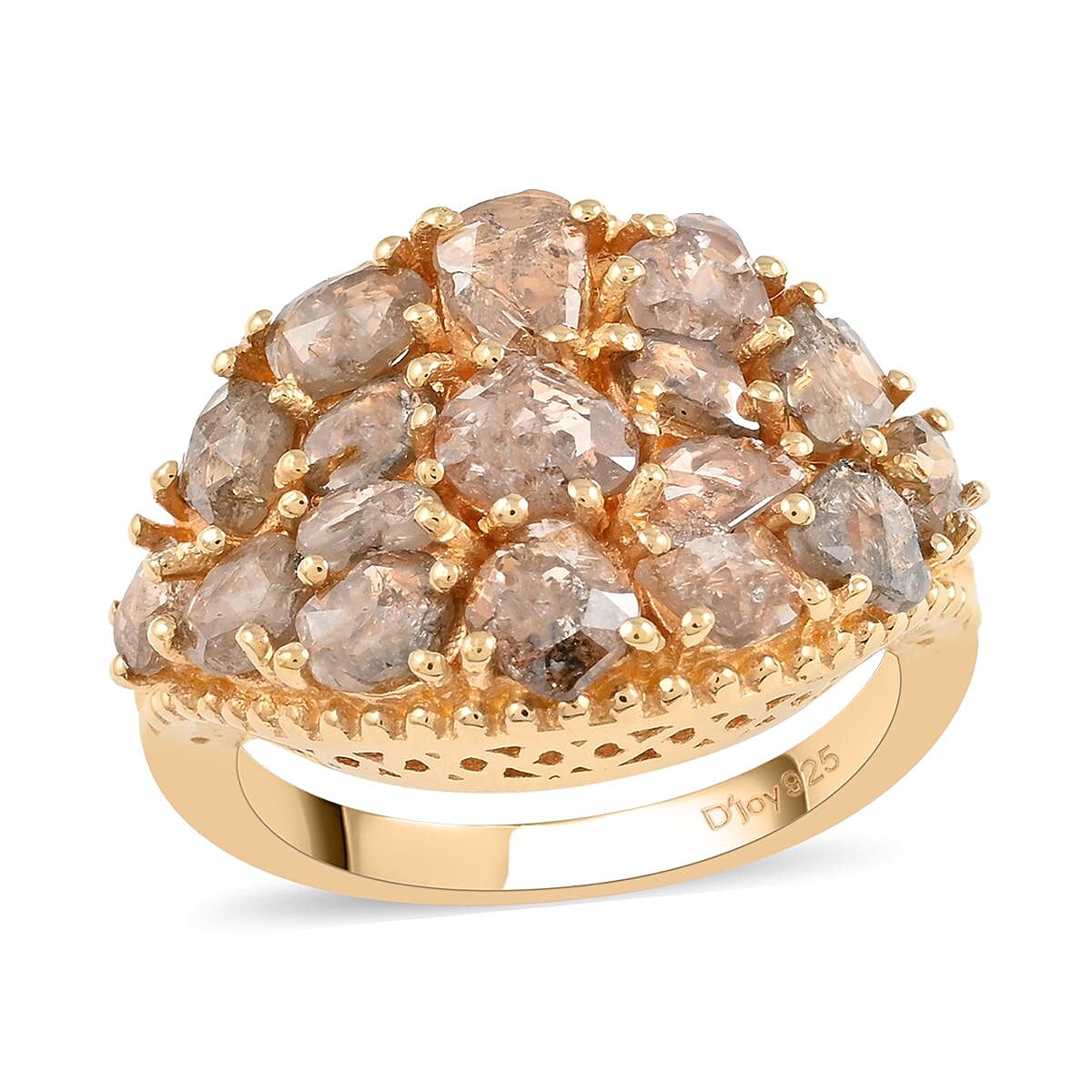 Rose Cut Natural Champagne Diamond Cluster Ring in Vermeil Yellow Gold Over Sterling Silver (Size 10.0) 3.50 ctw