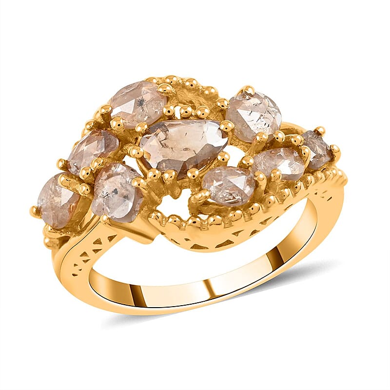 Rose Cut Natural Champagne Diamond Ring in Vermeil Yellow Gold Over Sterling Silver (Size 10.0) 1.50 ctw