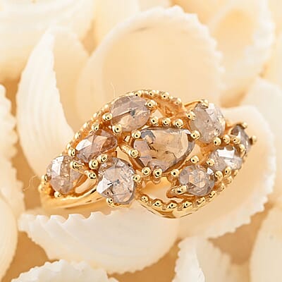 Rose Cut Natural Champagne Diamond Ring in Vermeil Yellow Gold Over Sterling Silver (Size 10.0) 1.50 ctw