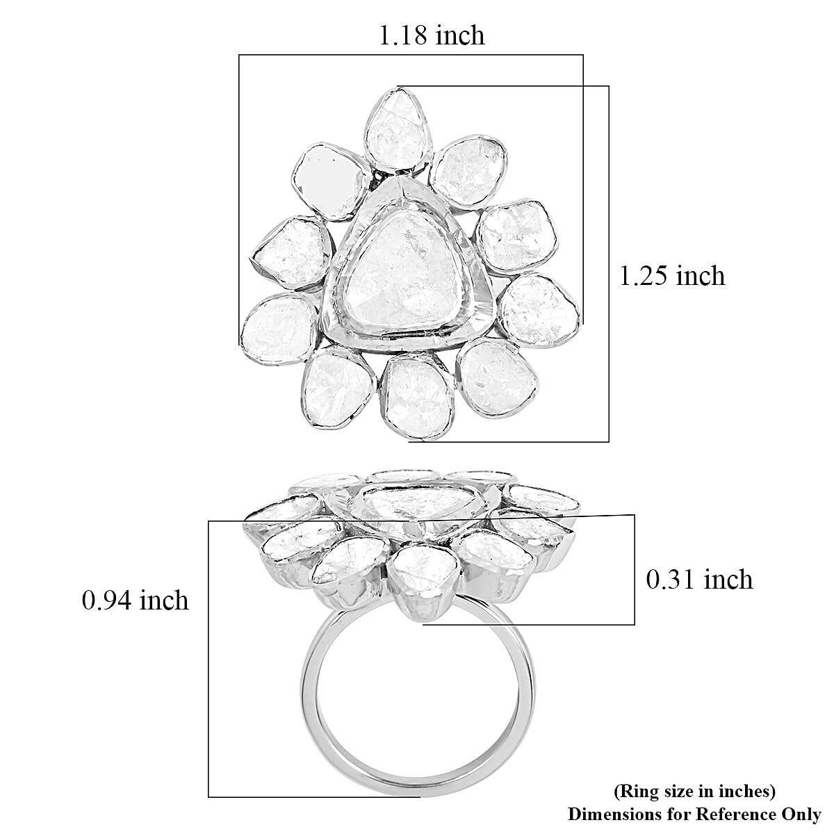 Polki Diamond Floral Ring in Platinum Over Sterling Silver (Size 10.0) 3.00 ctw