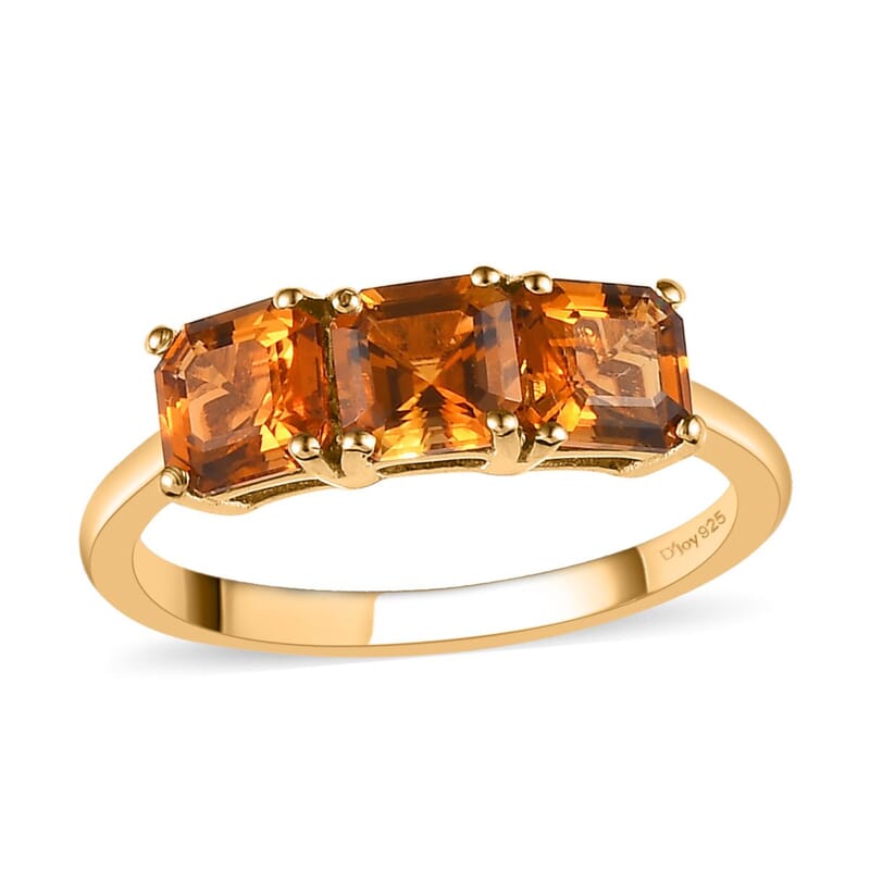 Asscher Cut Natural Tanzanian Golden Tourmaline 3 Stone Ring in Vermeil Yellow Gold Over Sterling Silver (Size 10.0) 1.65 ctw