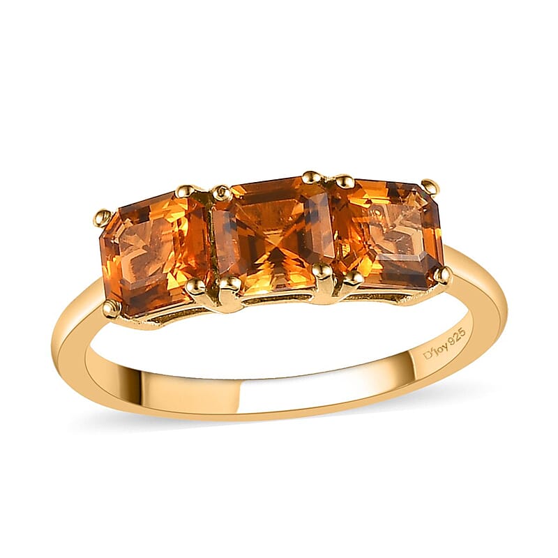Asscher Cut Natural Tanzanian Golden Tourmaline 3 Stone Ring in Vermeil Yellow Gold Over Sterling Silver (Size 10.0) 1.65 ctw