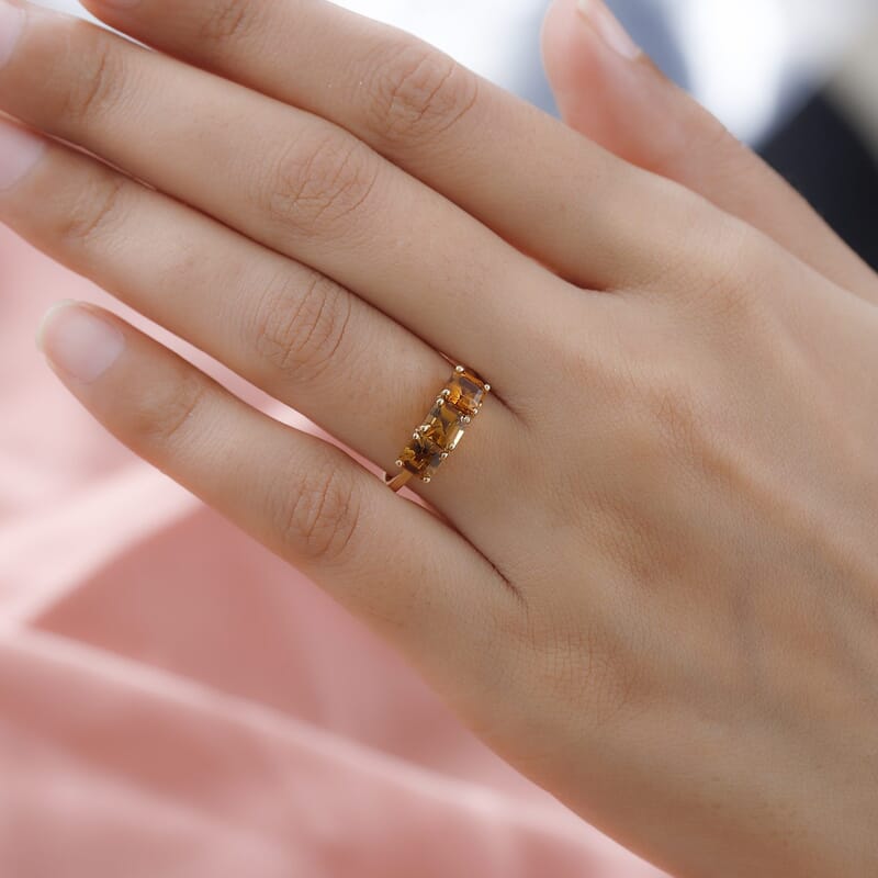 Asscher Cut Natural Tanzanian Golden Tourmaline 3 Stone Ring in Vermeil Yellow Gold Over Sterling Silver (Size 10.0) 1.65 ctw