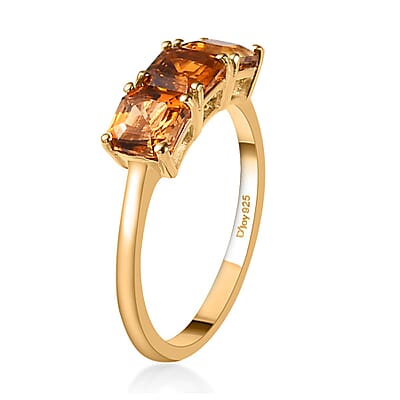 Asscher Cut Natural Tanzanian Golden Tourmaline 3 Stone Ring in Vermeil Yellow Gold Over Sterling Silver (Size 10.0) 1.65 ctw