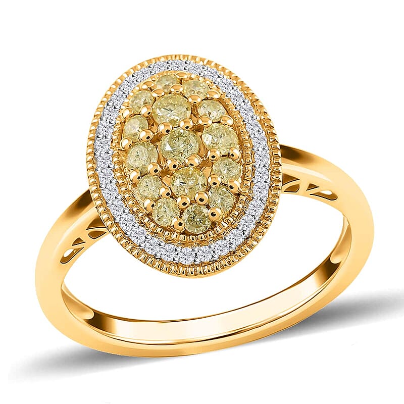 Natural Yellow and White Diamond Ring in Vermeil YG Over Sterling Silver,Halo Engagement Rings For Women, Oval Engagement Ring 0.50 ctw