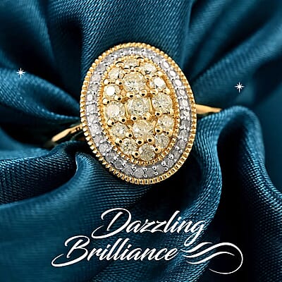 Natural Yellow and White Diamond Ring in Vermeil YG Over Sterling Silver,Halo Engagement Rings For Women, Oval Engagement Ring 0.50 ctw