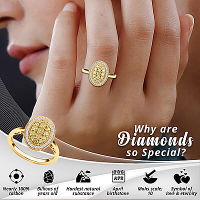 Natural Yellow and White Diamond Ring in Vermeil YG Over Sterling Silver,Halo Engagement Rings For Women, Oval Engagement Ring 0.50 ctw
