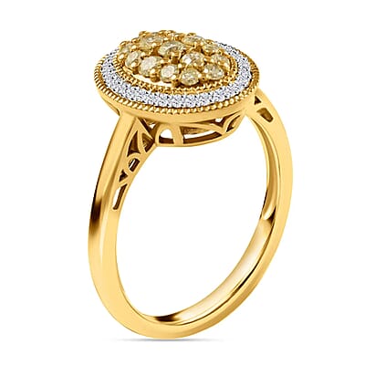 Natural Yellow and White Diamond Ring in Vermeil YG Over Sterling Silver,Halo Engagement Rings For Women, Oval Engagement Ring 0.50 ctw