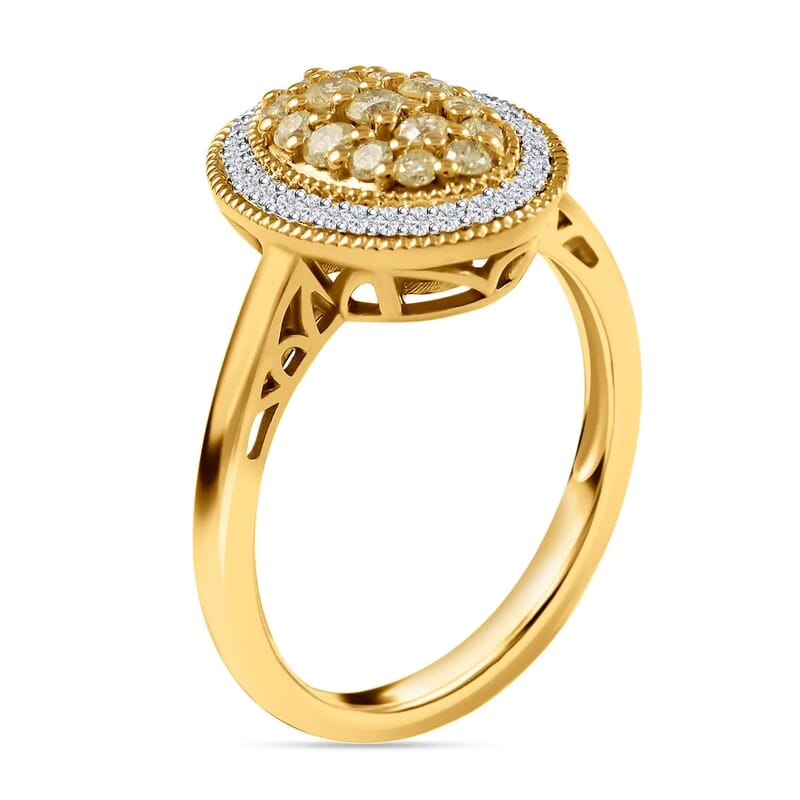 Natural Yellow and White Diamond Ring in Vermeil YG Over Sterling Silver,Halo Engagement Rings For Women, Oval Engagement Ring 0.50 ctw