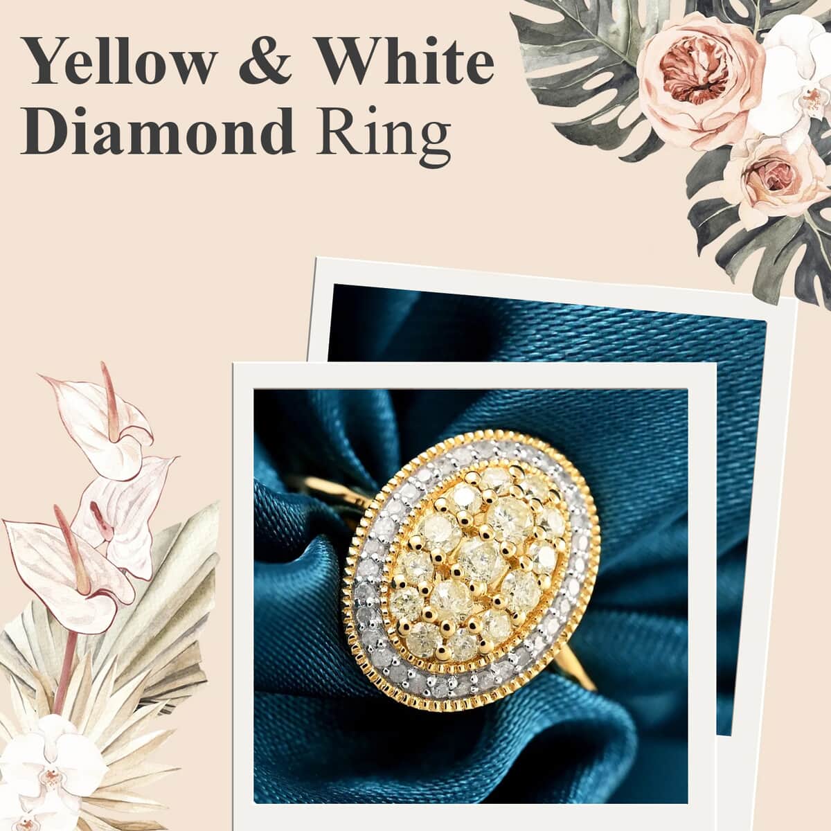 Natural Yellow and White Diamond Ring in Vermeil YG Over Sterling Silver,Halo Engagement Rings For Women, Oval Engagement Ring 0.50 ctw image number 1