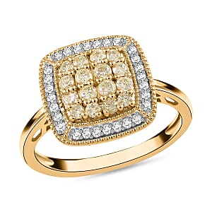 Natural Yellow and White Diamond Ring in Vermeil YG Over Sterling Silver,Halo Engagement Rings For Women, Oval Engagement Ring 0.50 ctw