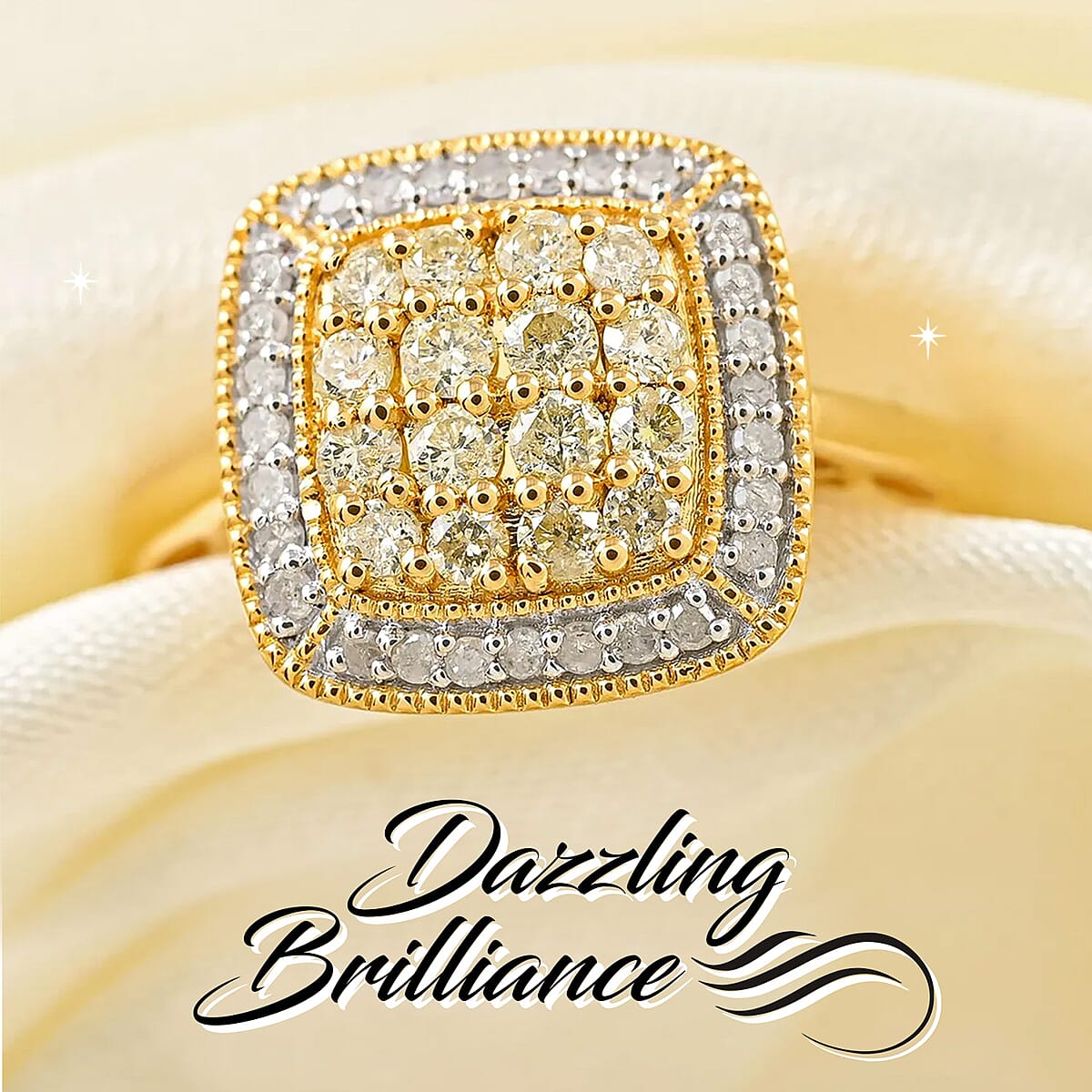 Natural Yellow and White Diamond Ring in Vermeil YG Over Sterling Silver,Halo Engagement Rings For Women, Oval Engagement Ring 0.50 ctw image number 1