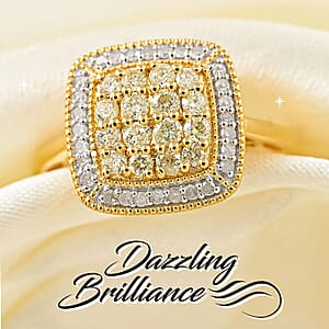 Natural Yellow and White Diamond Ring in Vermeil YG Over Sterling Silver,Halo Engagement Rings For Women, Oval Engagement Ring 0.50 ctw