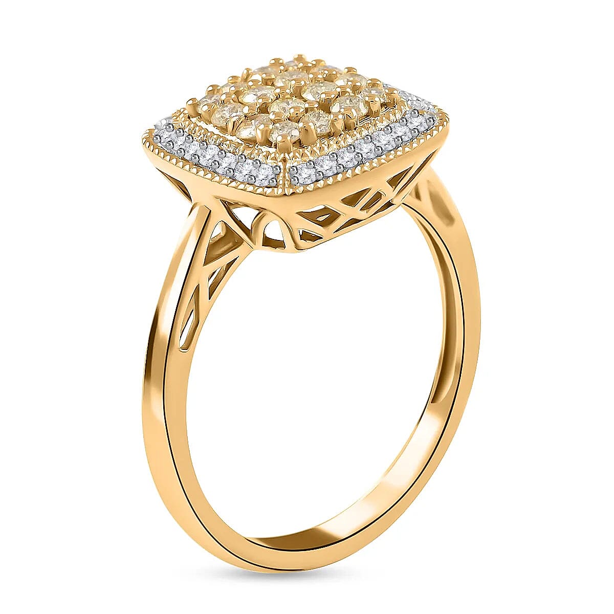 Natural Yellow and White Diamond Ring in Vermeil YG Over Sterling Silver,Halo Engagement Rings For Women, Oval Engagement Ring 0.50 ctw image number 3