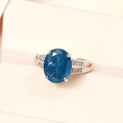 Malgache Neon Apatite and Diamond Ring in Platinum Over Sterling Silver (Size 7.0) 3.85 ctw