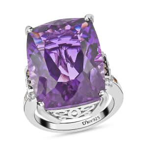 Amethyst, Champagne and White Diamond Cocktail Ring in Platinum Over Sterling Silver, Statement Ring For Women 21.90 ctw