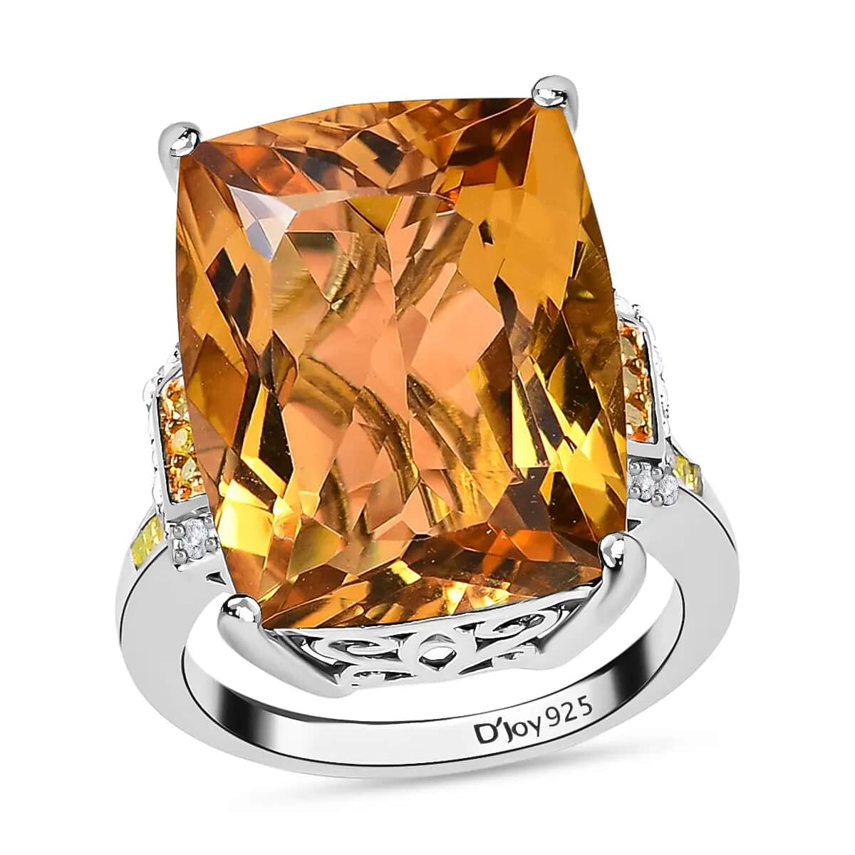 Brazilian Citrine, Yellow and White Diamond Cocktail Ring in Platinum Over Sterling Silver, Statement Ring For Women (Size 10.0) 22.00 ctw image number 0